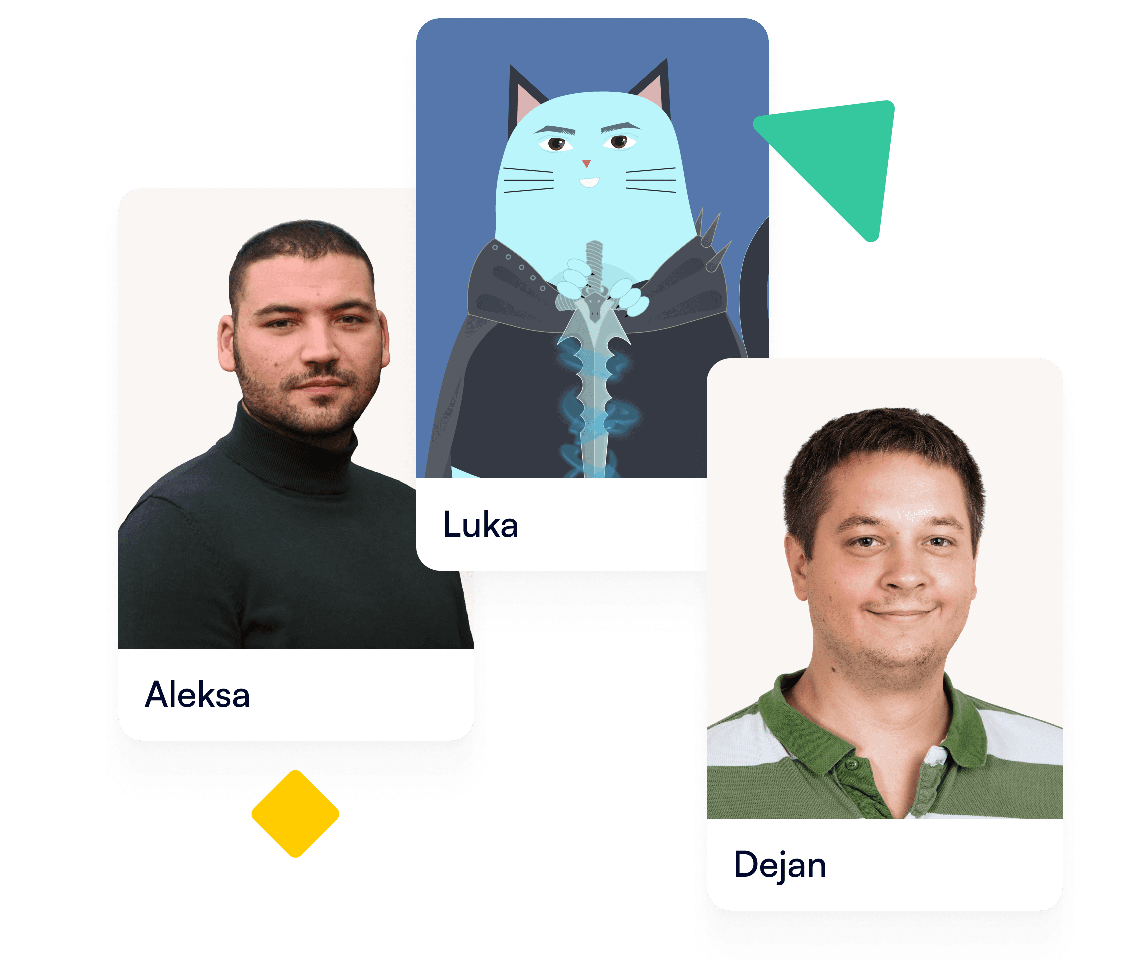 Two males smiling and blue cat holding the sword.