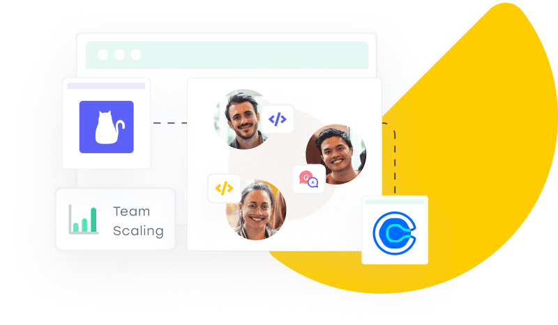 Calendly logo, three persons smiling on yellow background.