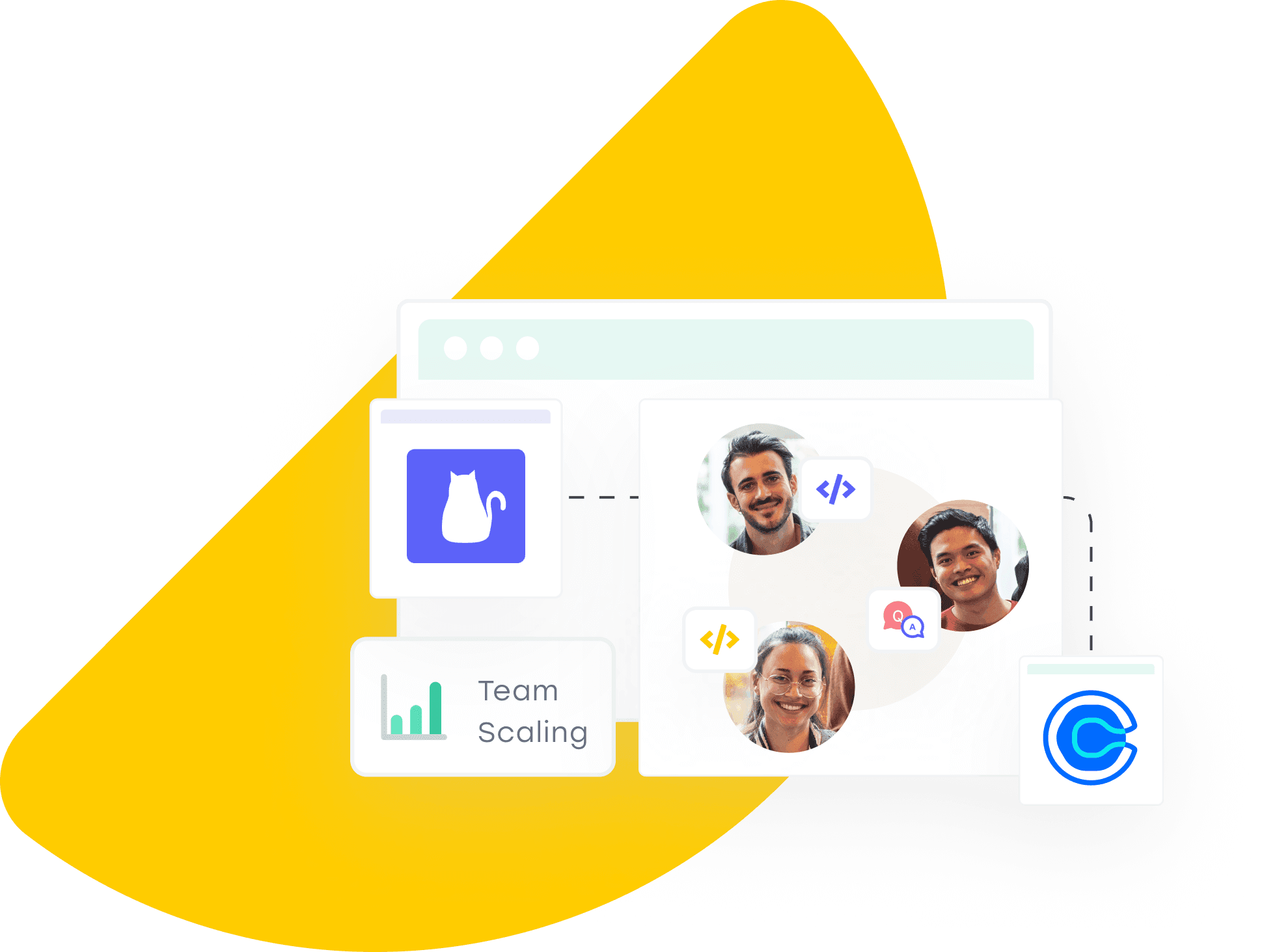Calendly logo, three persons smiling on yellow background.
