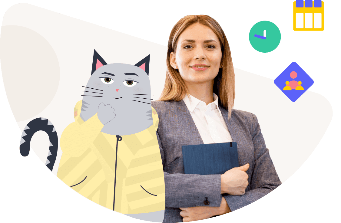 Business woman holding notes and gray cat in yellow sweatshirt.