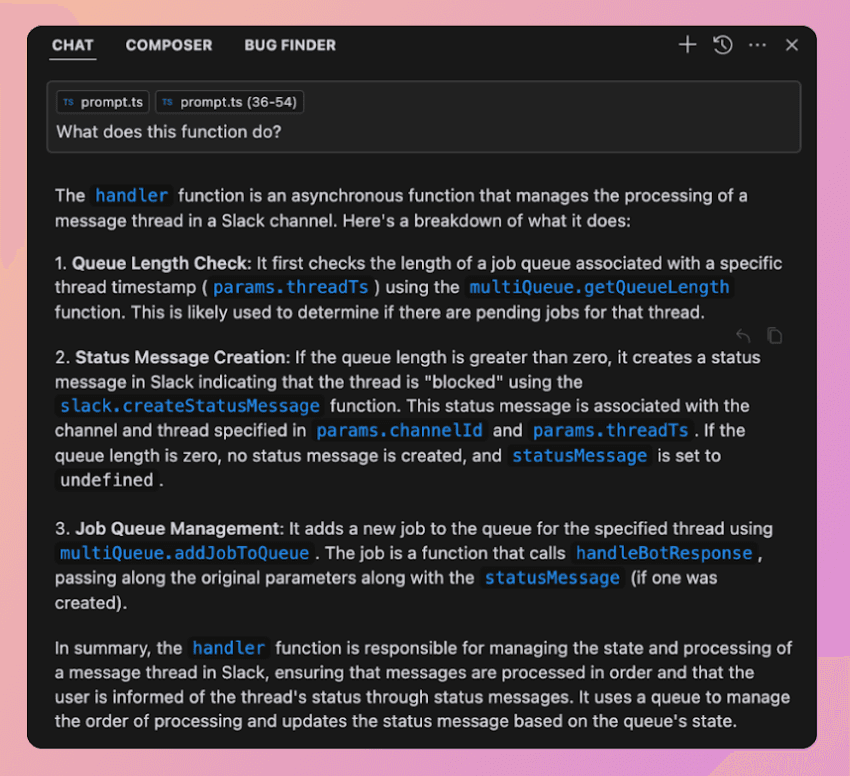 Example of Cursor.ai explaining highlighted code