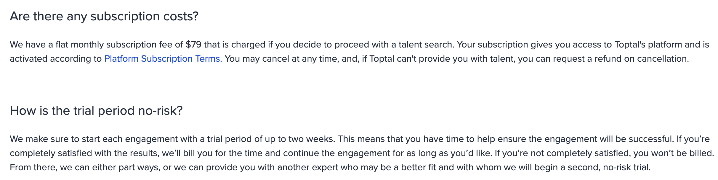 Topltal's subscription fee